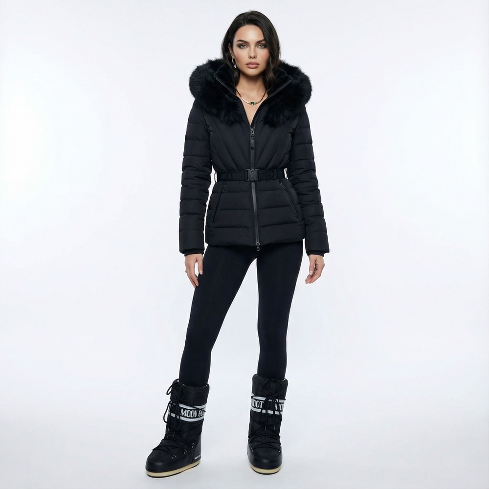 BNWT Mackage Black ELITA-SH Fur-Trim Down Quilted Belted Jacket Ski XS